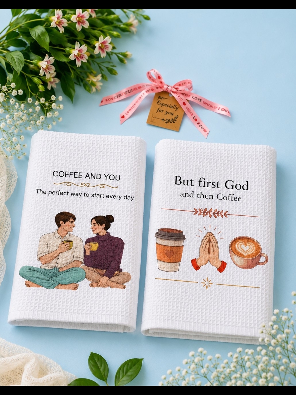White Coffee-Themed Kitchen Towels Set of 2